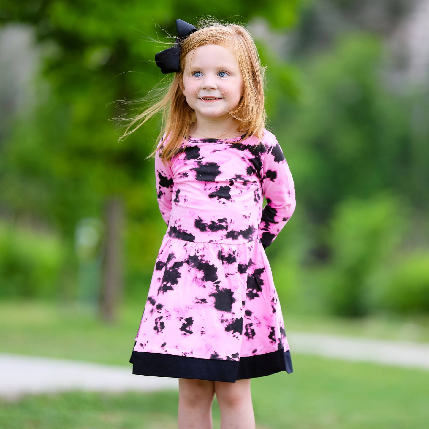 AnnLoren - AnnLoren Girls Boutique Pink Black Tie Dye Long Sleeve Dress