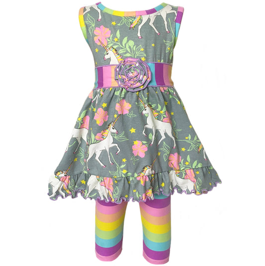 AnnLoren Girls Unicorn Dress & Pastel Rainbow Leggings