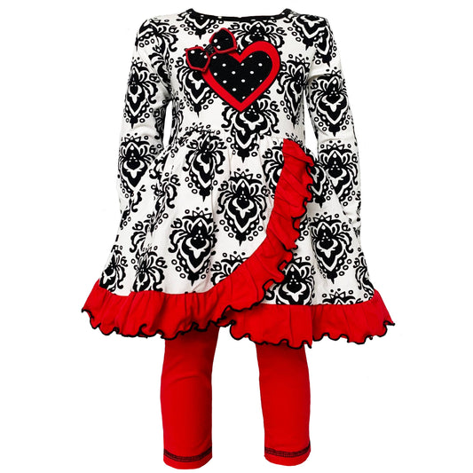 AnnLoren - AnnLoren Girls Cream and Black Damask Heart Party Dress and Red Leggings
